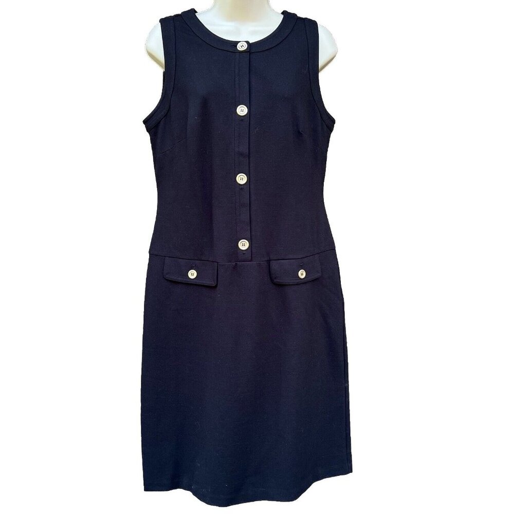 Talbots Size 10 Black Shift Sleeveless Button Sheath Dress Holiday Stretchy